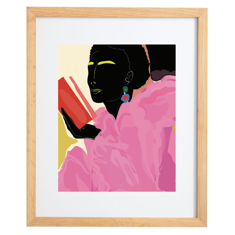 Woman in a pink outfit colour blocked artwork in a natural frame