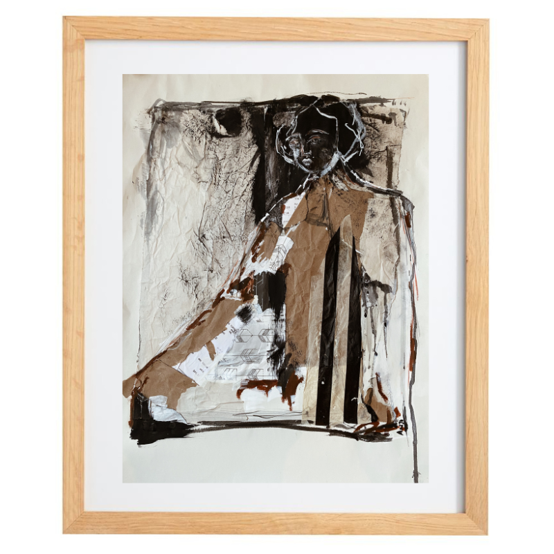Abstract mixed media artwork in a neutral palette with a natural frame