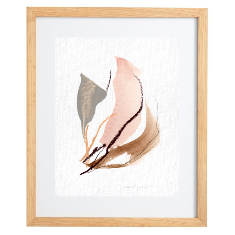 Pink, grey, and brown minimalist artwork in a natural frame