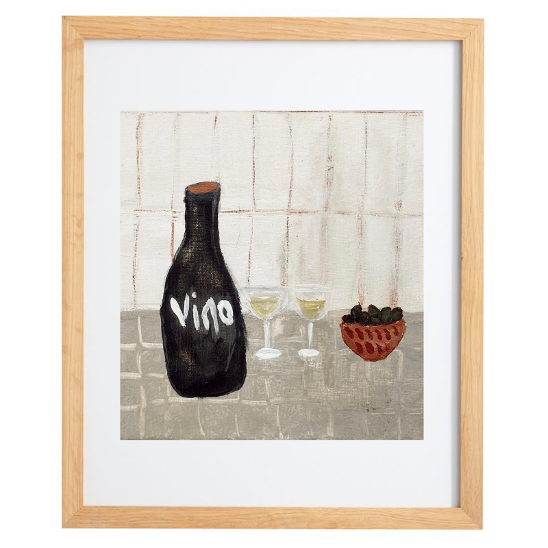 Abstract wine and grapes artwork with a natural frame