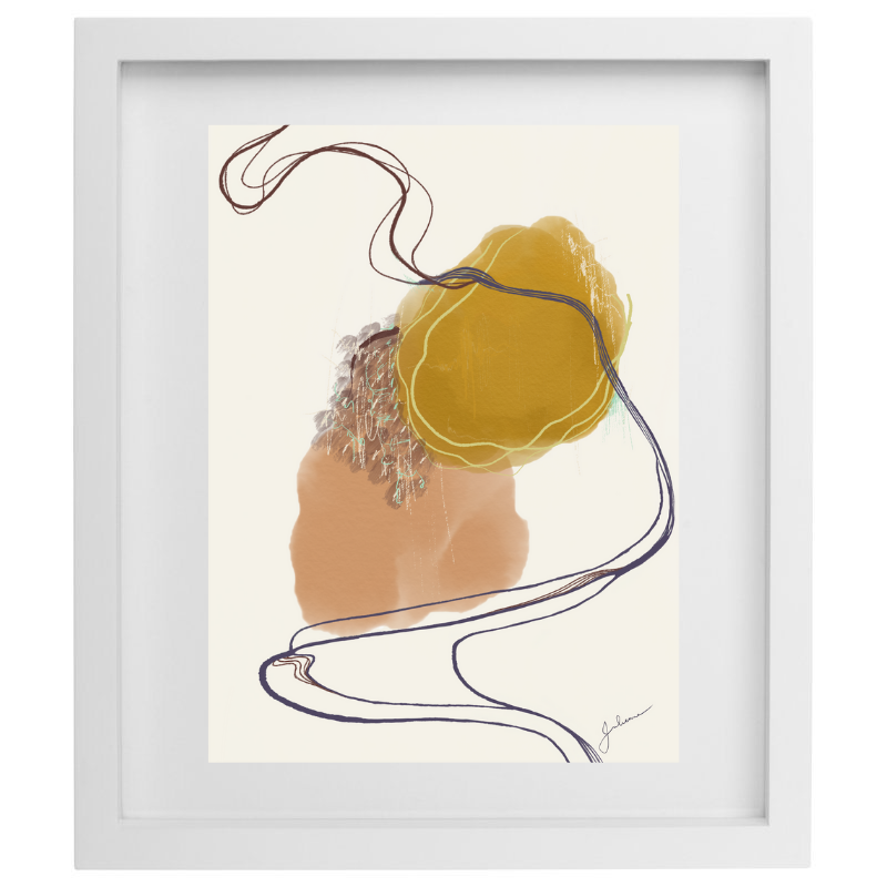 Pink and yellow minimalist abstract artwork in a white frame