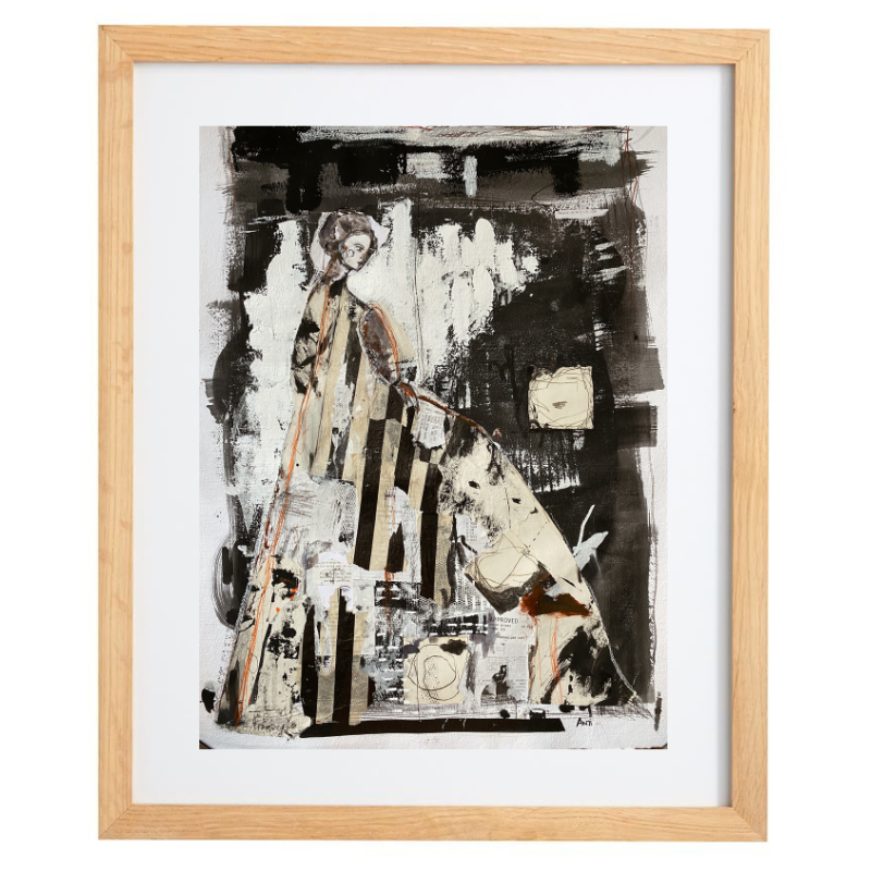 Abstract mixed media black and white figure artwork with a natural frame