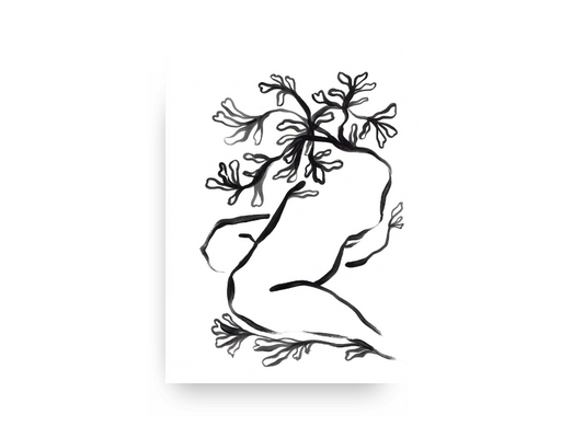 Minimalist black and white figure artwork with flowers on the wall