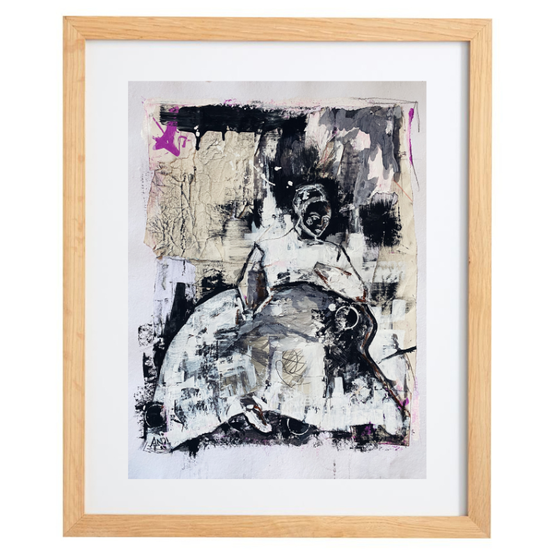 Abstract mixed media human figure artwork with a pop of colour in a natural frame