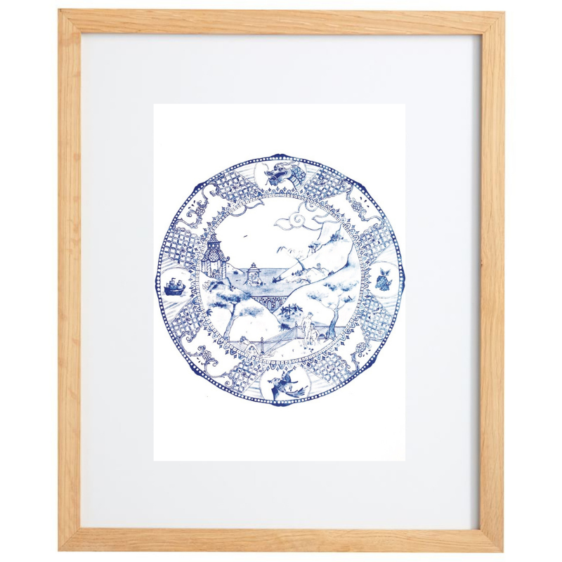 Blue and white watercolour artwork resembling a China plate in a natural frame