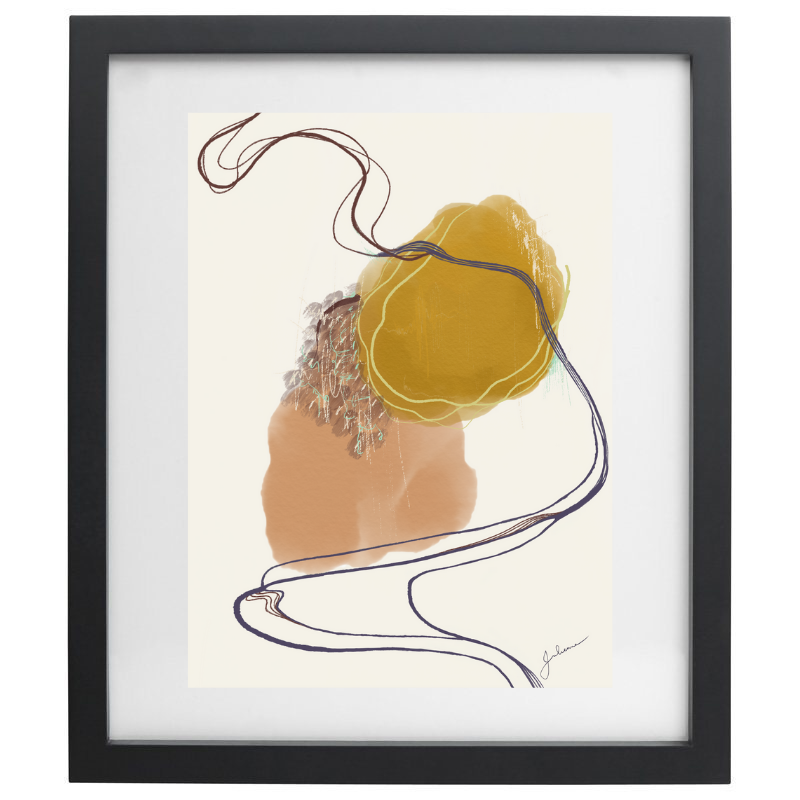 Pink and yellow minimalist abstract artwork in a black frame