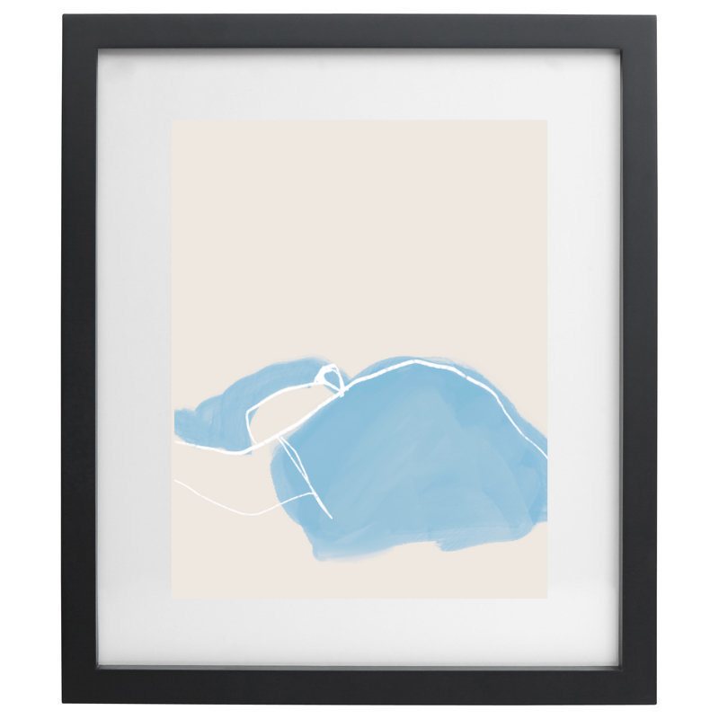 Blue watercolour and white line artwork in a black frame
