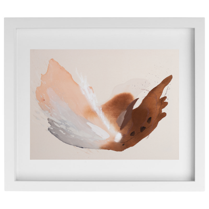 Neutral shades of pink watercolour artwork in a white frame