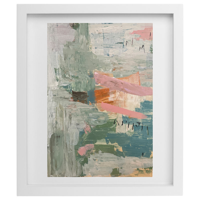 Blue, green, and pink abstract artwork in a white frame