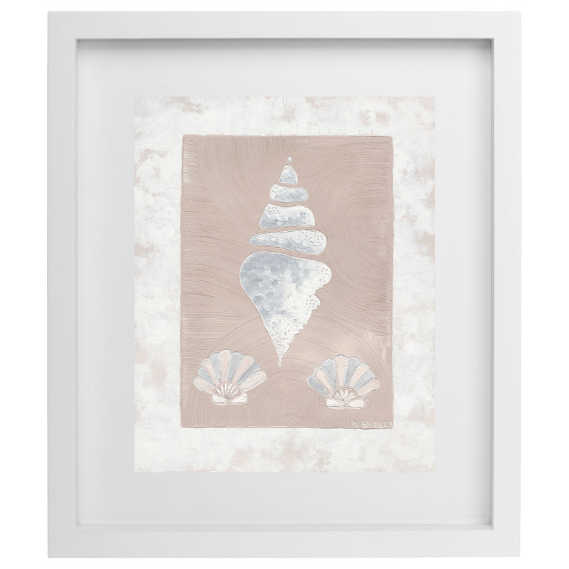 Neutral coloured seashell artwork in a white frame