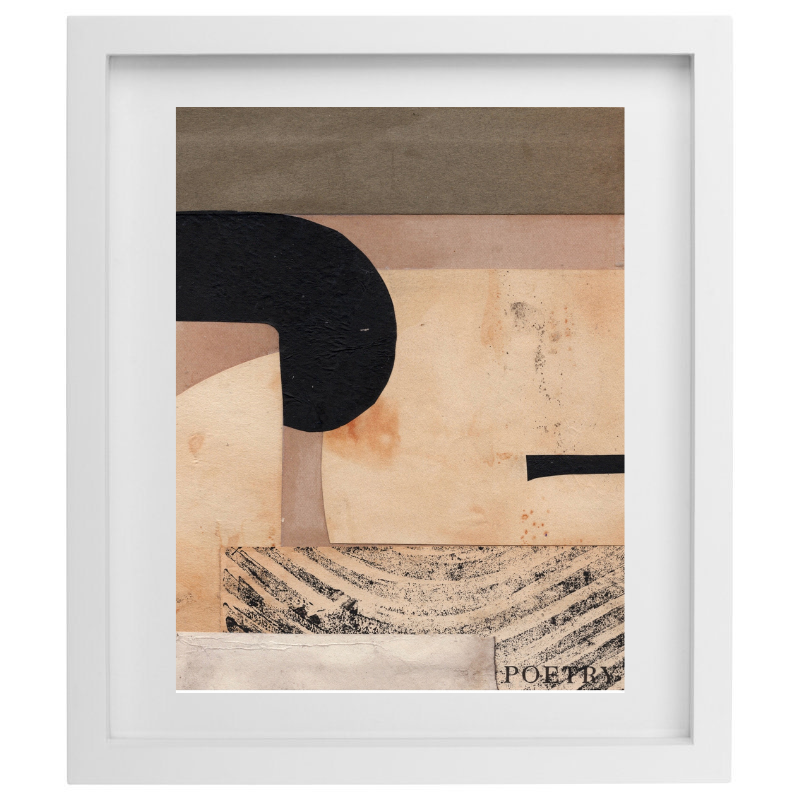 Neutral coloured vintage collage artwork in a white frame
