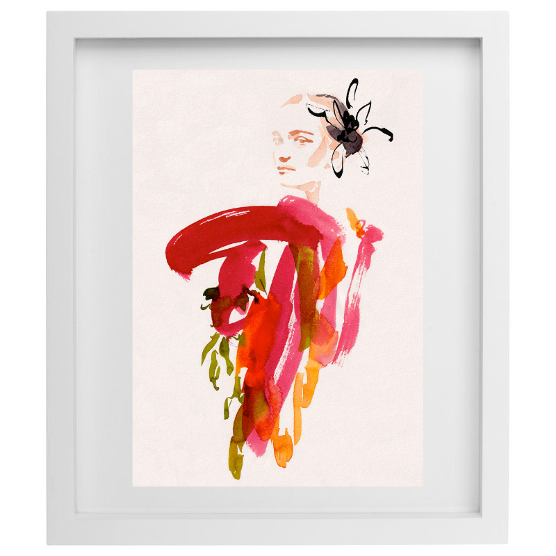 Abstract colourful watercolour woman artwork in a white frame