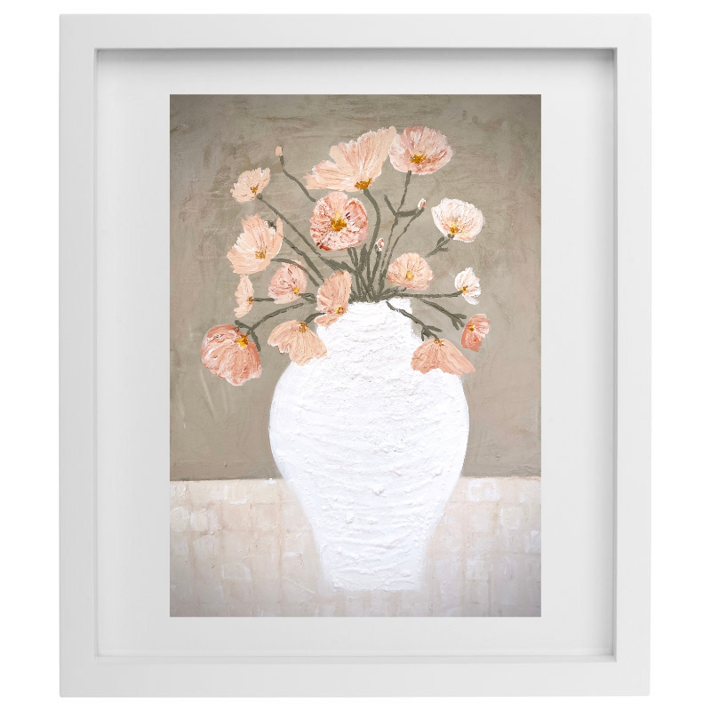 Artwork of a white vase with light pink flowers over a grey background with a white frame
