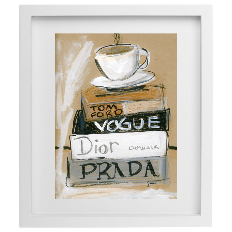 Fashion coffee table book artwork in a white frame