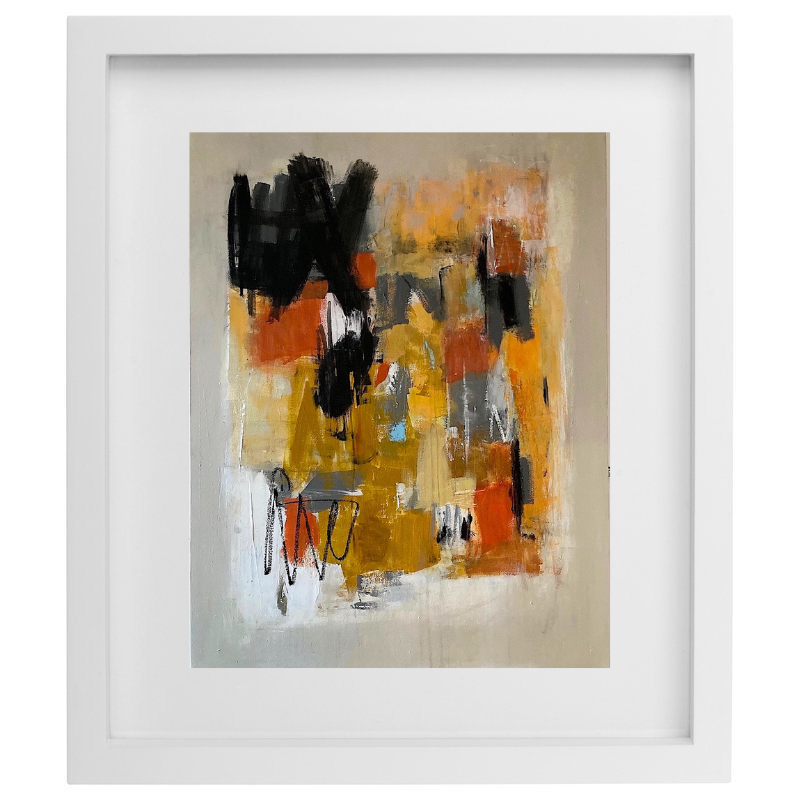 Yellow, orange, and black brushstroke artwork in a white frame