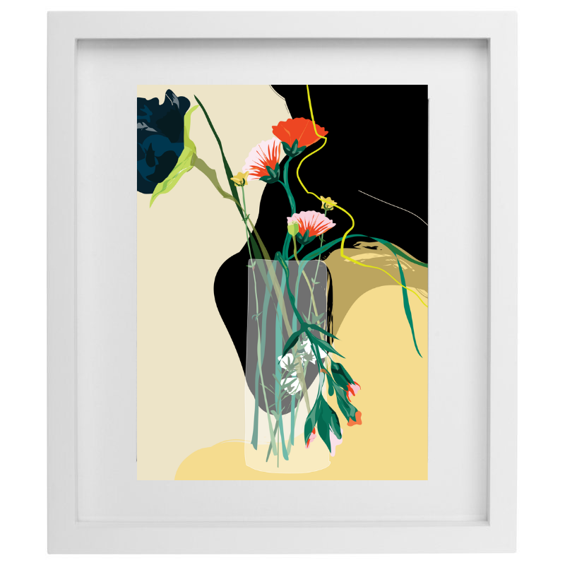 Colourful flowers still life artwork in a white frame