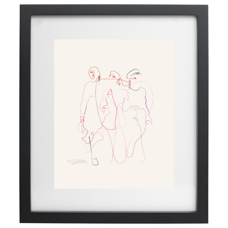 Abstract minimalist pink line artwork in a black frame