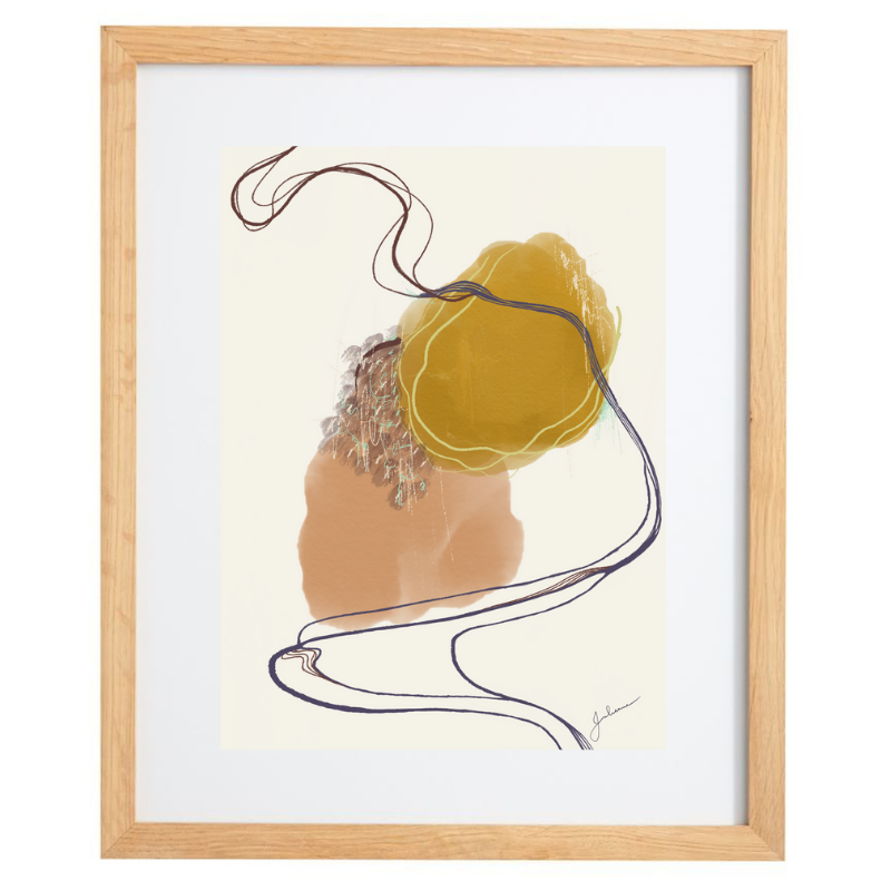 Pink and yellow minimalist abstract artwork in a natural frame