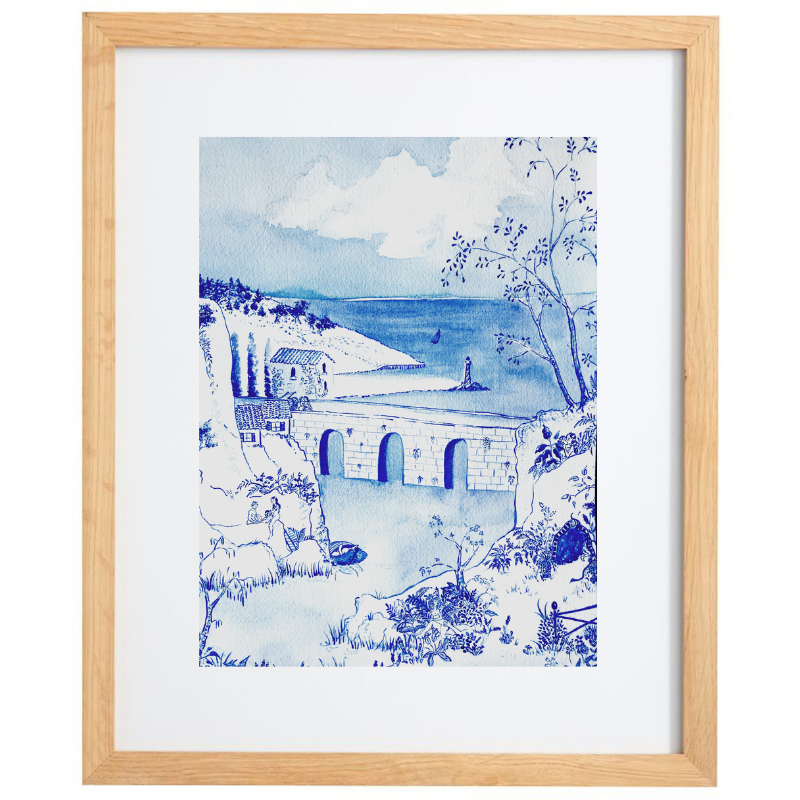Blue and white watercolour artwork in a natural frame