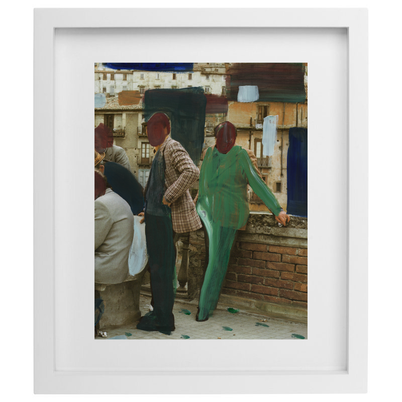 Photography of men in Italy with painting over top in a white frame