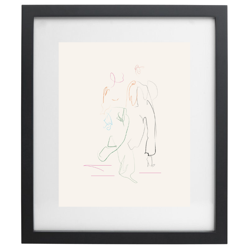 Abstract minimalist multicolour line artwork in a black frame