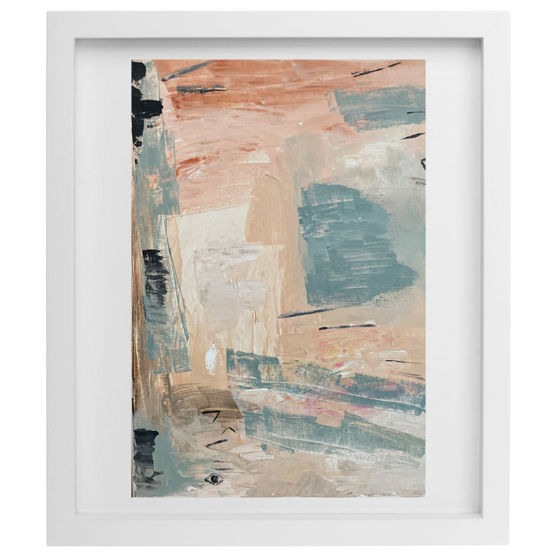 Abstract blue, beige, and pink artwork in a white frame