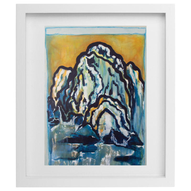 Blue and yellow abstract mountain artwork in a white frame