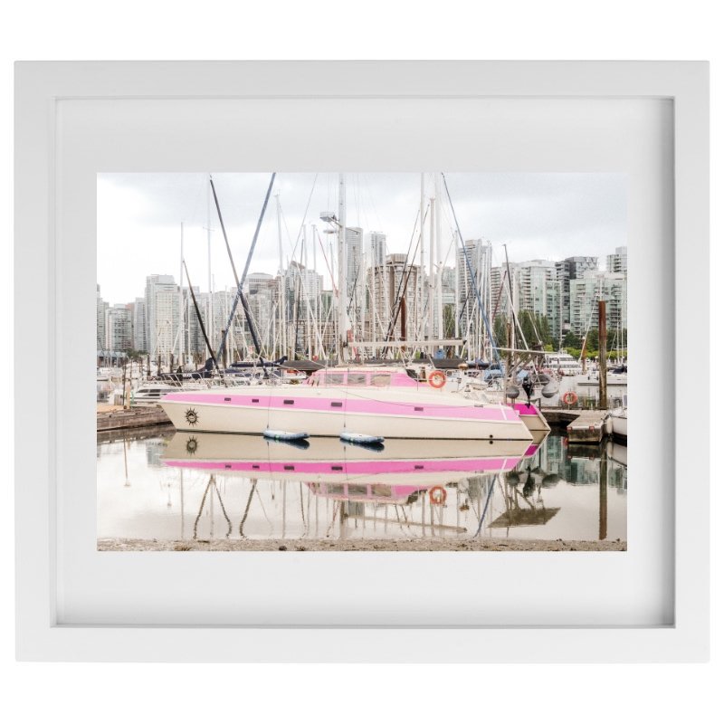 Pink houseboat photography in a white frame