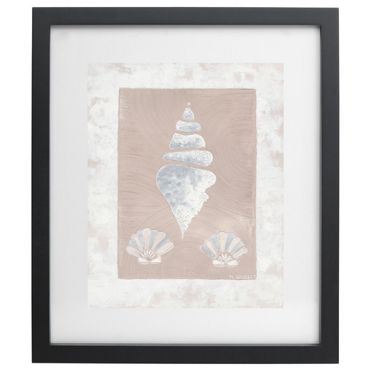 Neutral coloured seashell artwork in a black frame