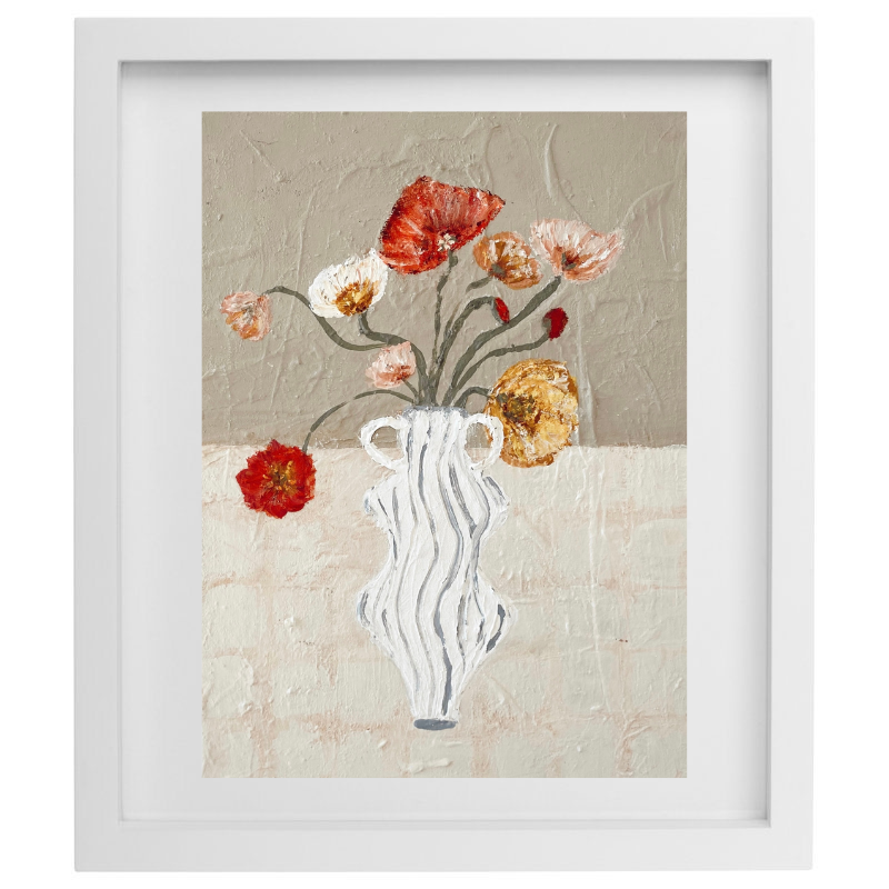 Artwork of a striped vase with poppies over a neutral background in a white frame