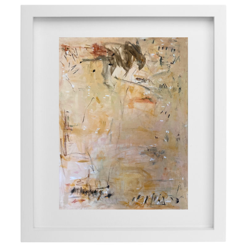Abstract neutral brushstroke artwork in a white frame