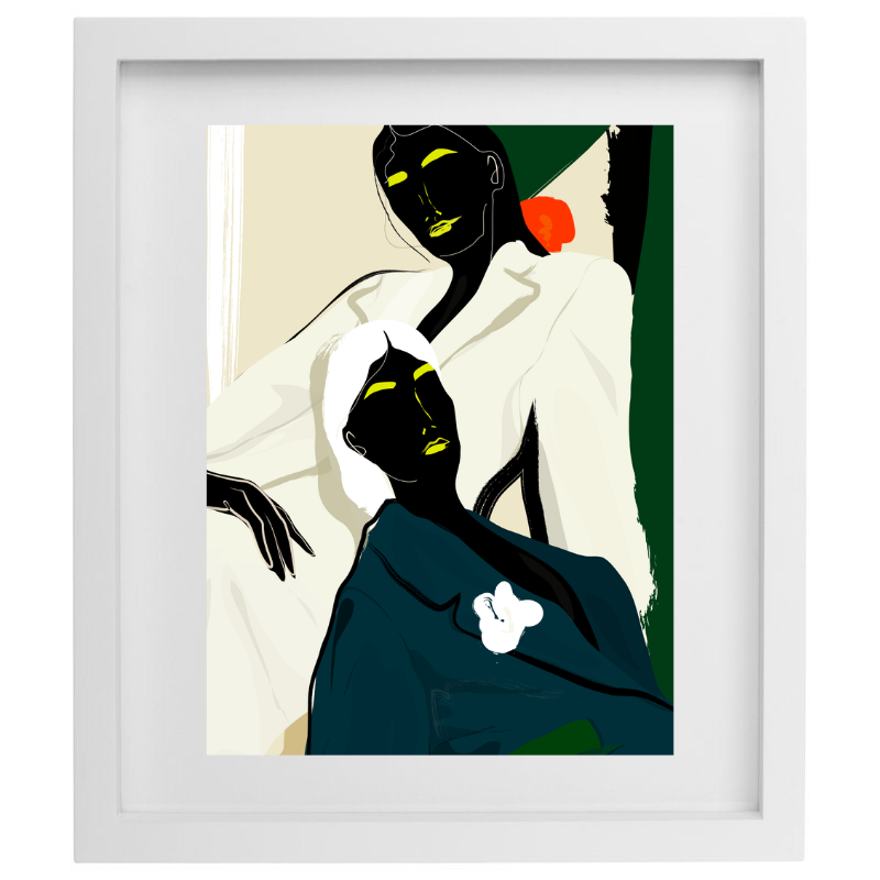 Minimalist colour blocked female figure artwork in a white frame