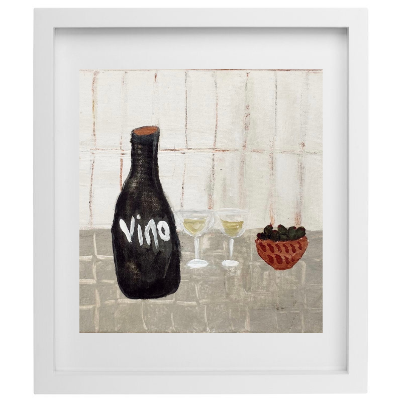 Abstract wine and grapes artwork with a white frame