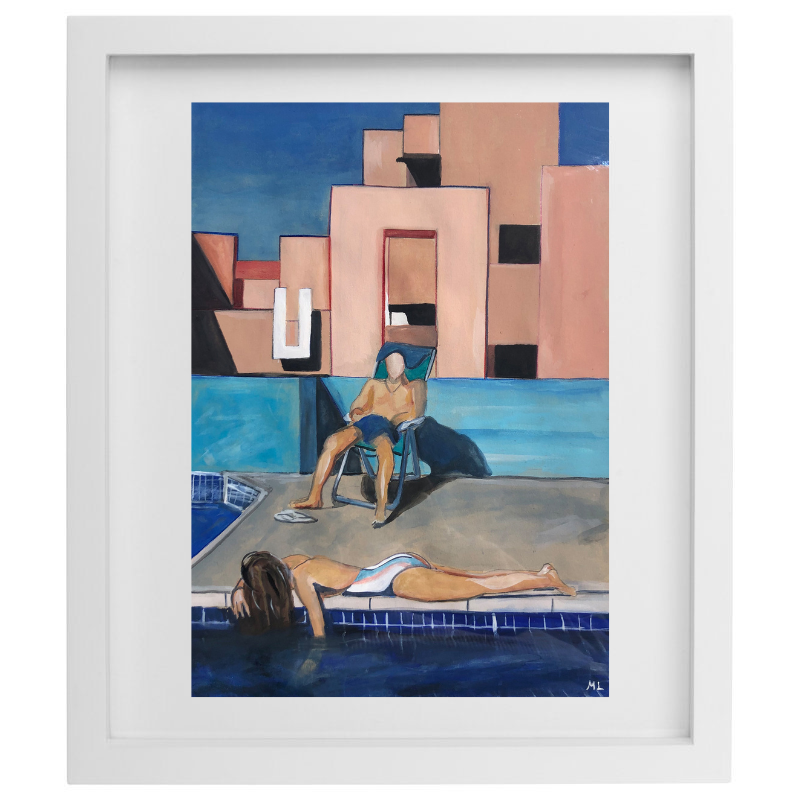Humans poolside artwork in a white frame
