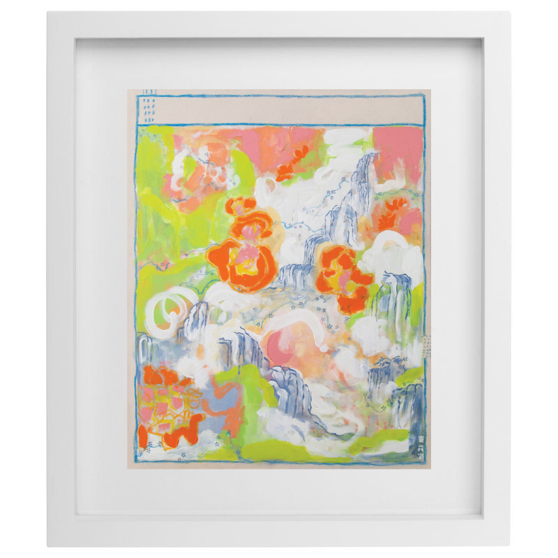 Green, pink, orange, and white abstract artwork in a white frame
