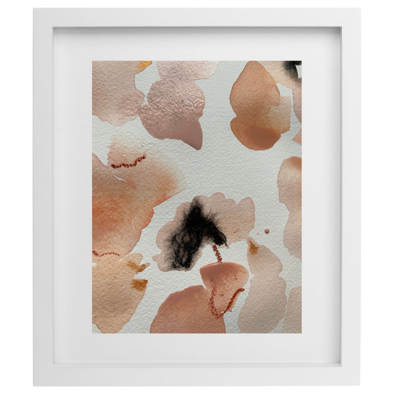 Abstract pink watercolour artwork in a white frame