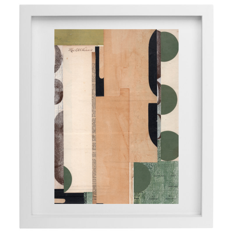 Abstract green and beige vintage paper collage artwork in a white frame