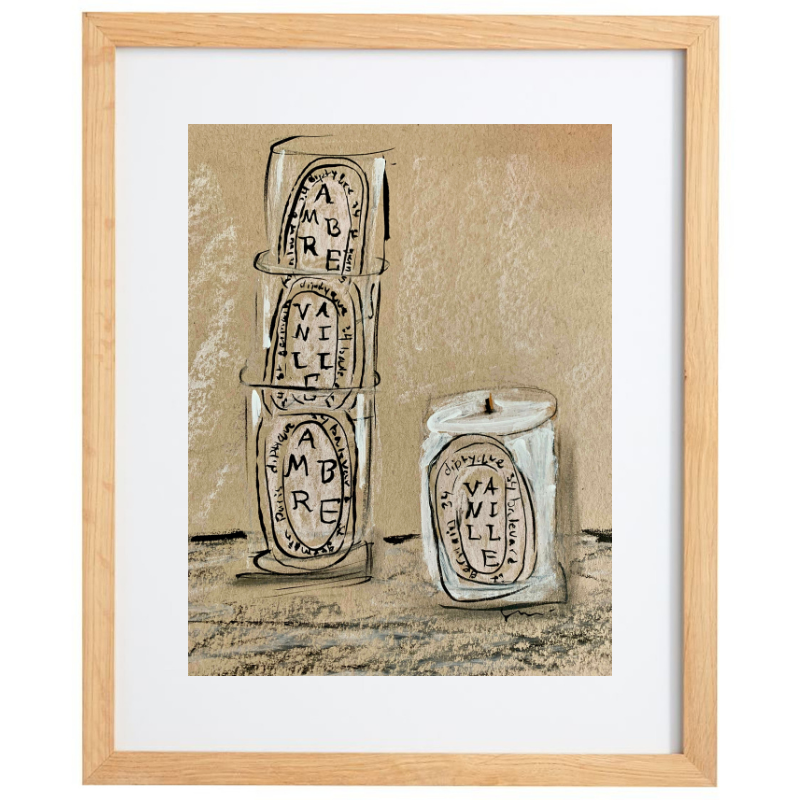 Empty Diptyque candle artwork in a natural frame