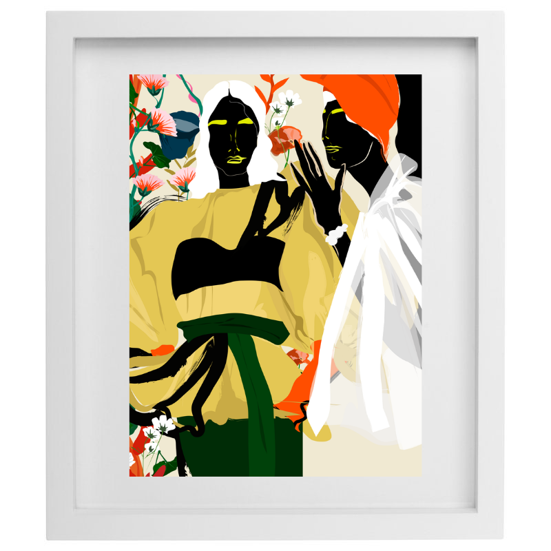 Female forms and florals colour blocked artwork in a white frame