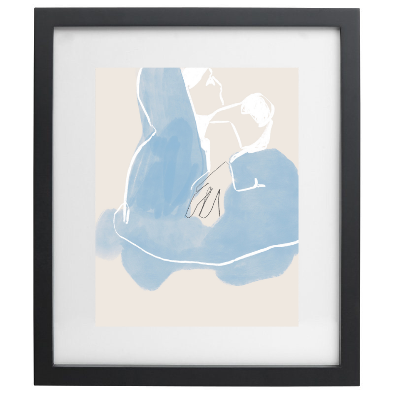 Abstract blue watercolour artwork in a black frame