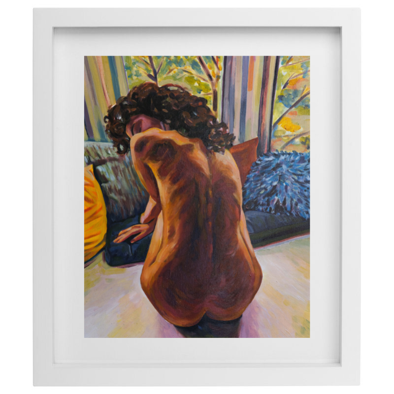 Artwork of a nude female figure with a colourful background in a white frame
