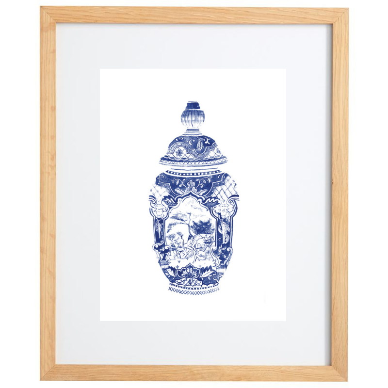 Blue and white watercolour vase with human figures in a natural frame