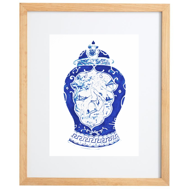 Blue and white vessel watercolour artwork with a natural frame
