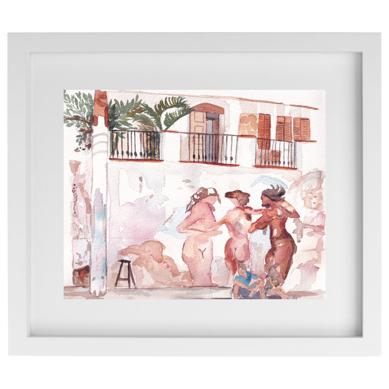 Tropical female figures watercolour artwork in a white frame