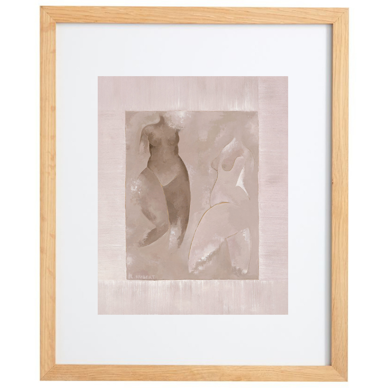 Naked female figure watercolour artwork in a neutral colour palette in a natural frame