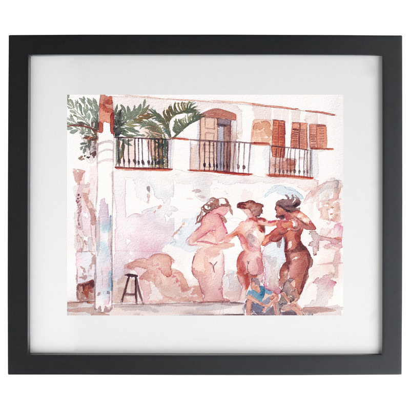 Tropical female figures watercolour artwork in a black frame