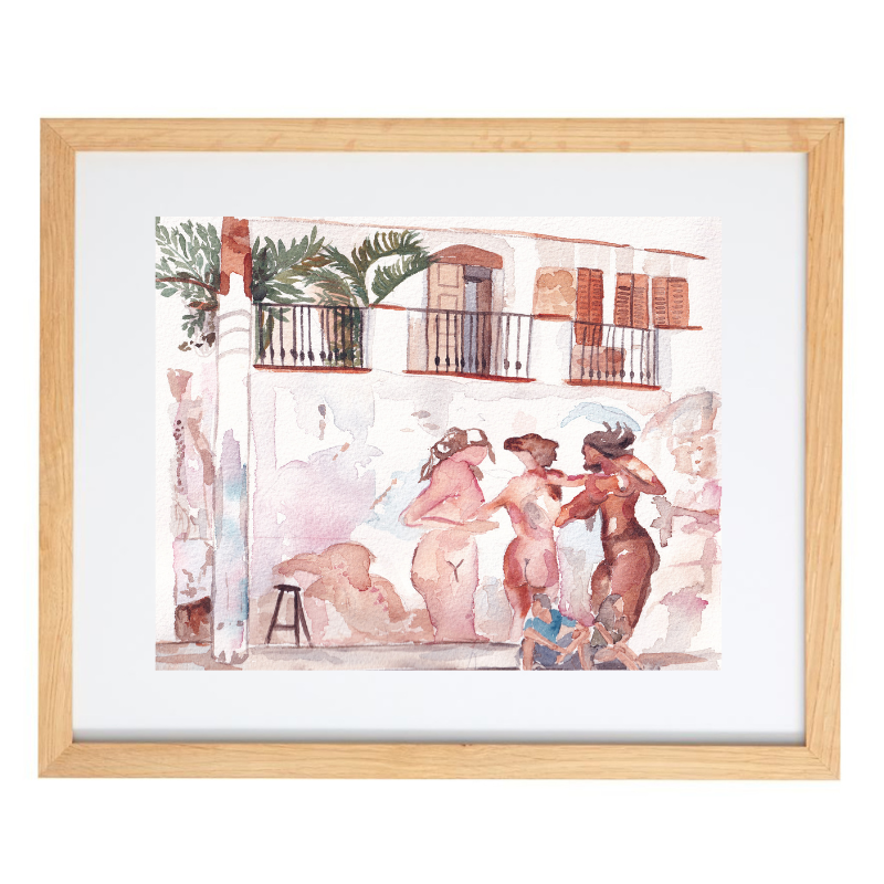 Tropical female figures watercolour artwork in a natural frame
