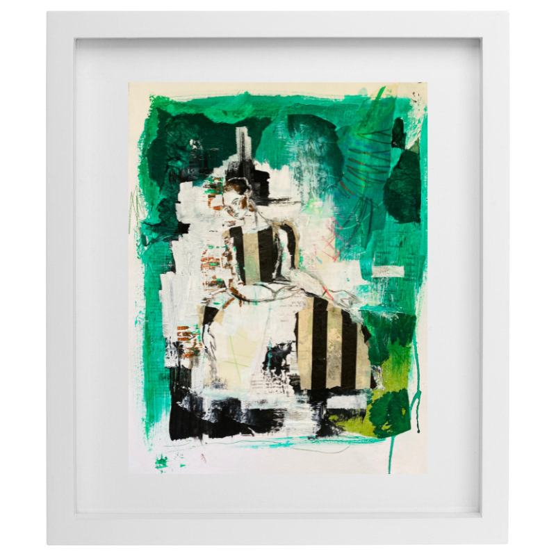Abstract mixed media female form with green background in a white frame