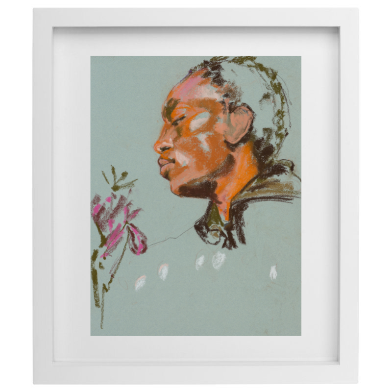 Abstract human face with flowers over a teal background in a white frame