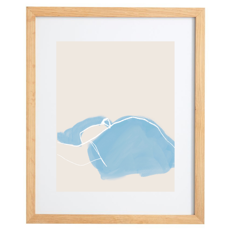 Blue watercolour and white line artwork in a natural frame